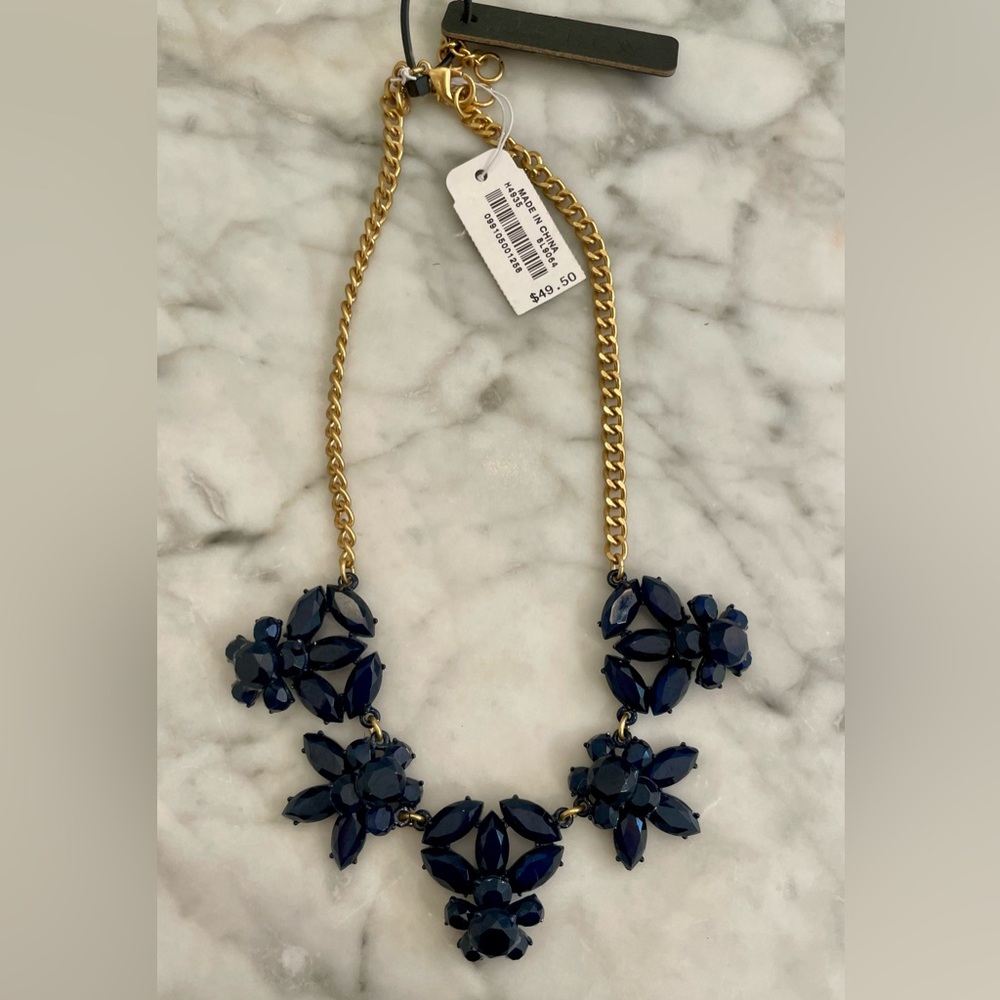 J. Crew Gold and Blue Statement Necklace with Floral Clusters